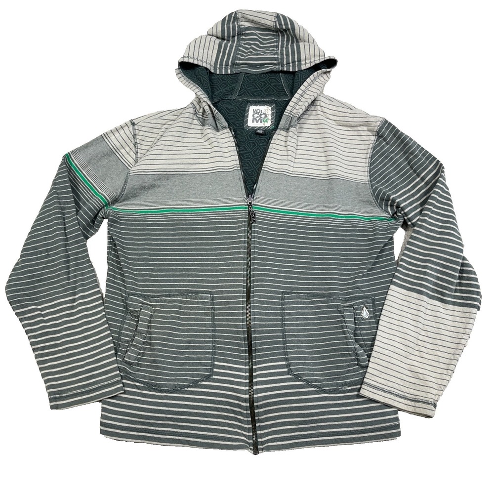 Vintage Y2K‎ Volcom Hoodie Women Large Gray Full Zip Jacket Skate Grunge Striped